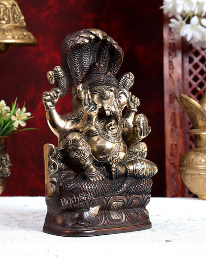 Unique Brass Lord Ganesha with Naag – Dual Tone Brown Gold Finish 8.6 inch - Budhshiv.com