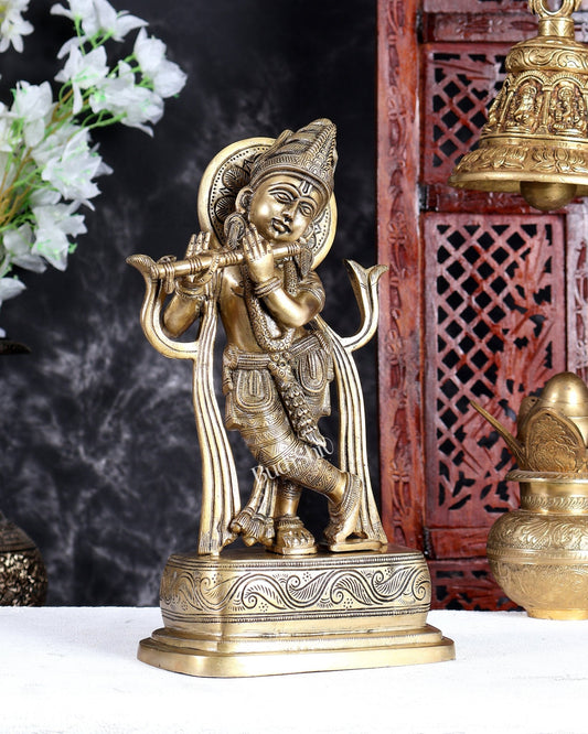 Unique Brass Lord Krishna Statue in Antique Tone – Handcrafted Divine Sculpture 13.5 inch - Budhshiv.com