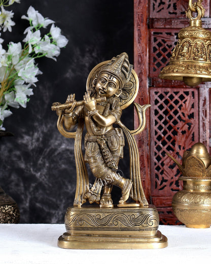 Unique Brass Lord Krishna Statue in Antique Tone – Handcrafted Divine Sculpture 13.5 inch - Budhshiv.com