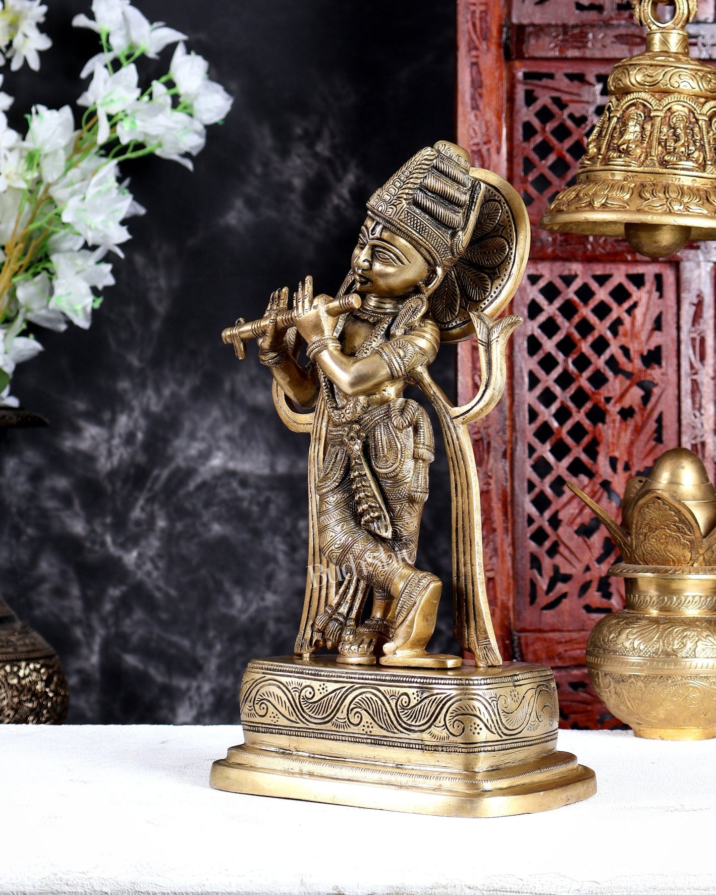 Unique Brass Lord Krishna Statue in Antique Tone – Handcrafted Divine Sculpture 13.5 inch - Budhshiv.com