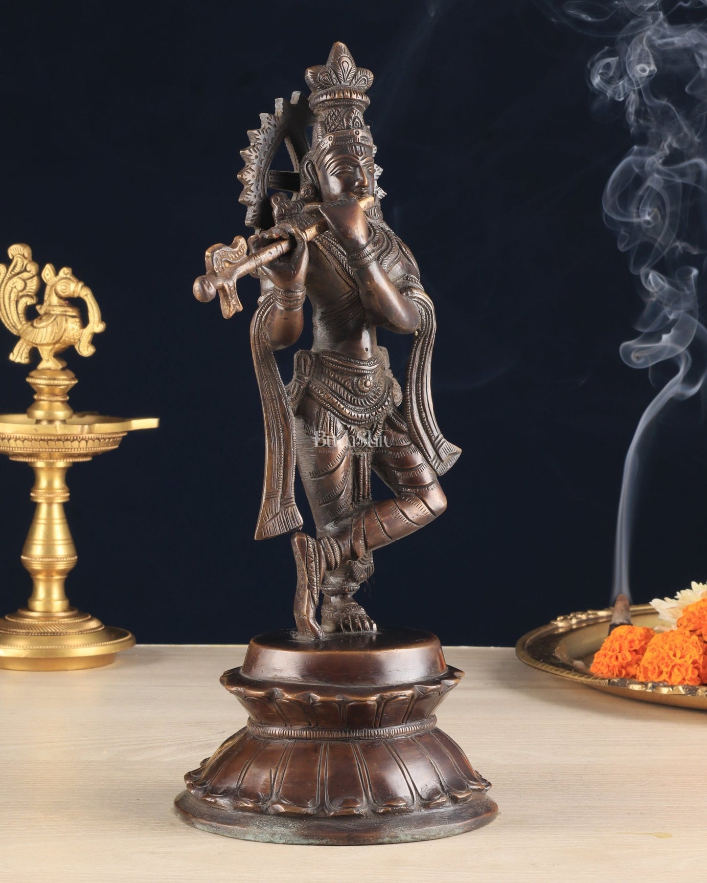 Unique Brass Lord Krishna Statue with Copper Tone – Divine Krishna Idol (11 Inches) - Budhshiv.com