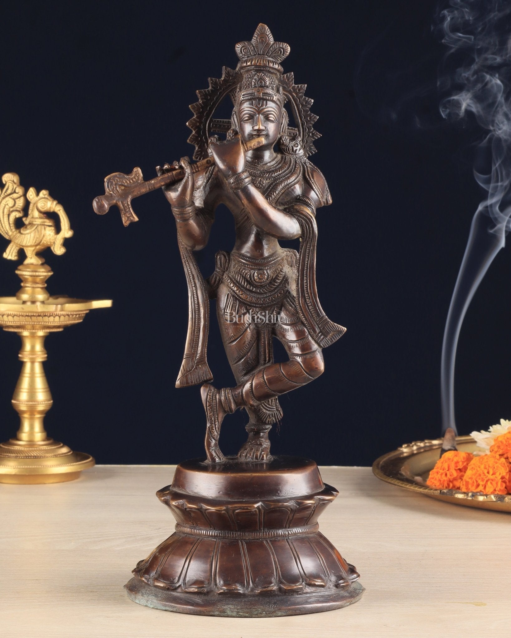 Unique Brass Lord Krishna Statue with Copper Tone – Divine Krishna Idol (11 Inches) - Budhshiv.com