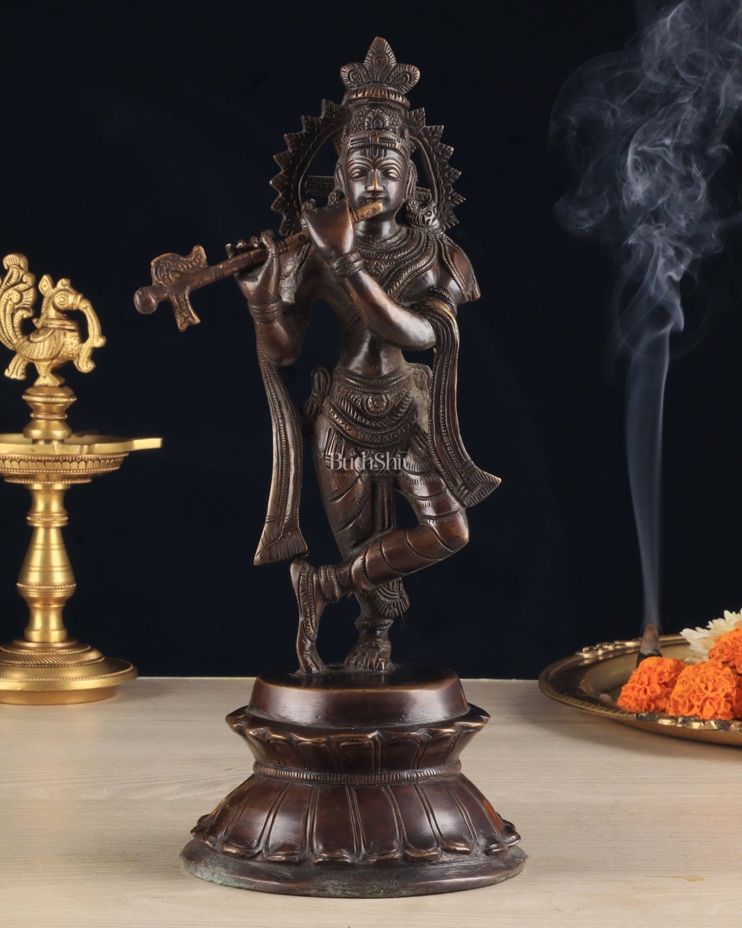 Unique Brass Lord Krishna Statue with Copper Tone – Divine Krishna Idol (11 Inches) - Budhshiv.com