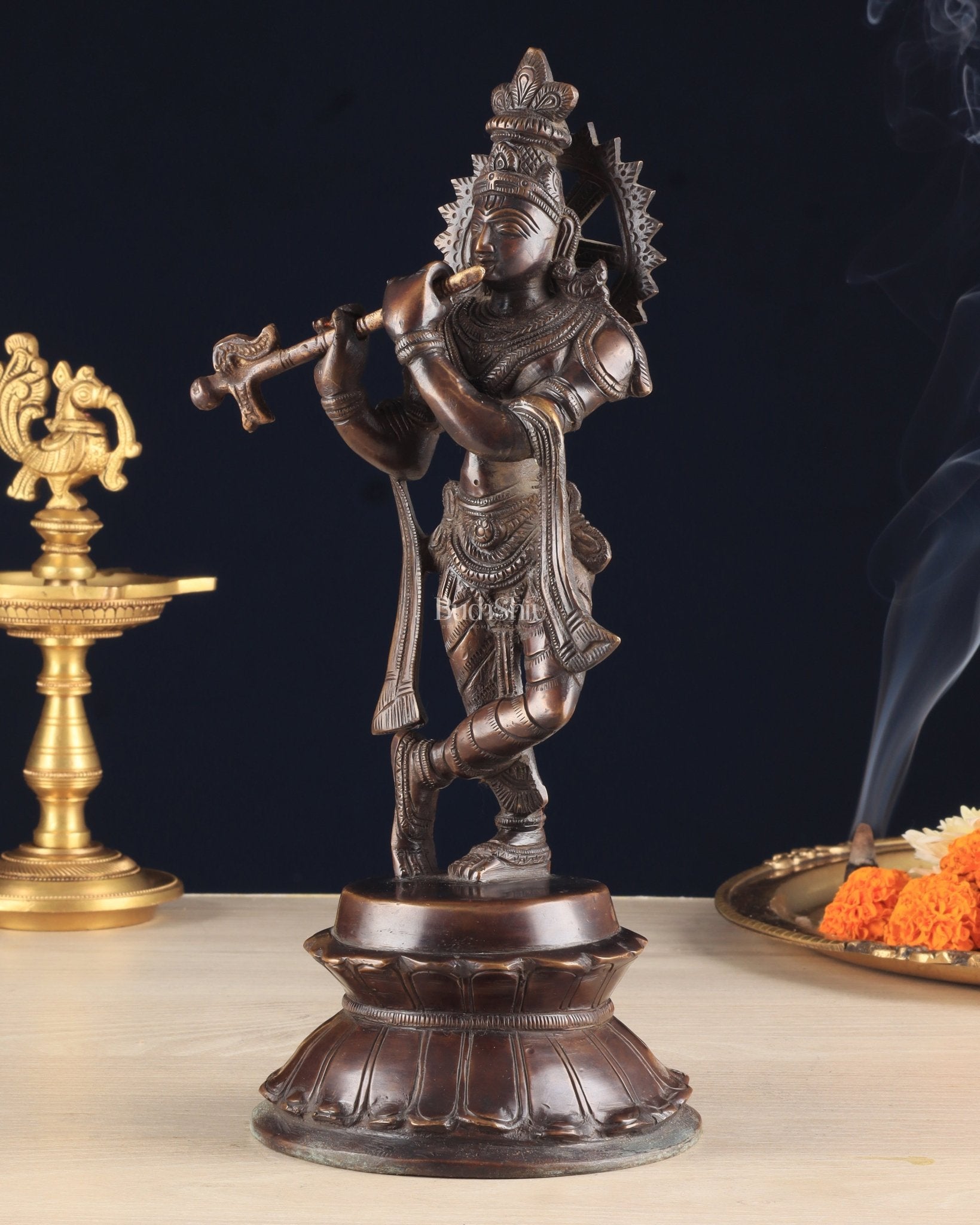 Unique Brass Lord Krishna Statue with Copper Tone – Divine Krishna Idol (11 Inches) - Budhshiv.com