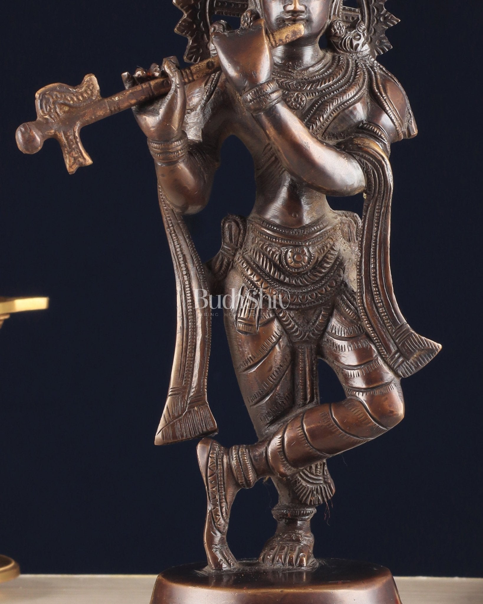 Unique Brass Lord Krishna Statue with Copper Tone – Divine Krishna Idol (11 Inches) - Budhshiv.com