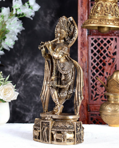 Unique Brass Lord Krishna Statue with Long Matted Hair – Handcrafted Divine Sculpture 12 inch - Budhshiv.com
