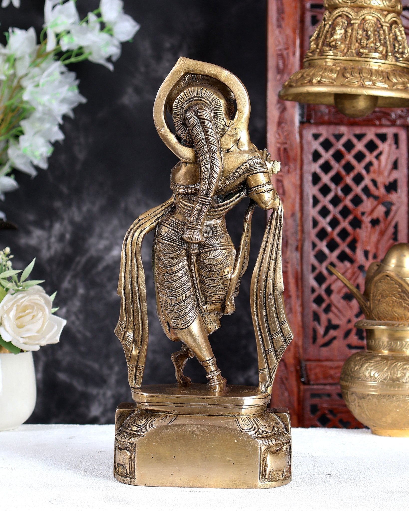 Unique Brass Lord Krishna Statue with Long Matted Hair – Handcrafted Divine Sculpture 12 inch - Budhshiv.com