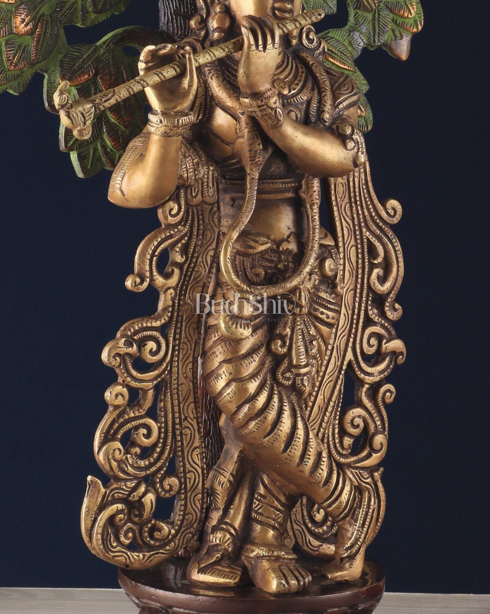 Unique Brass Lord Krishna with Kalpavriksha Tree Statue – 23" Tall, 12 kg - Budhshiv.com