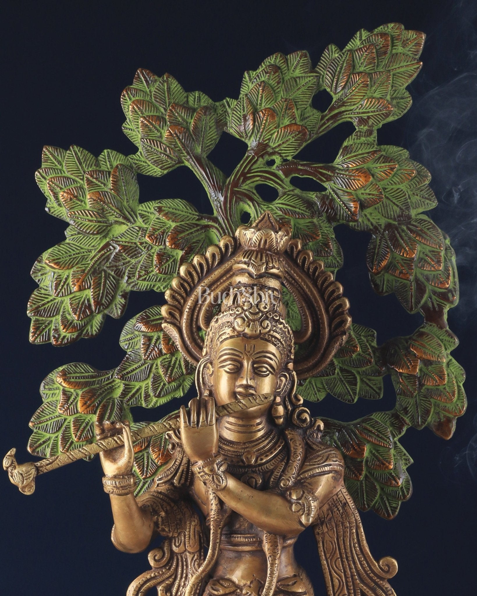 Unique Brass Lord Krishna with Kalpavriksha Tree Statue – 23" Tall, 12 kg - Budhshiv.com