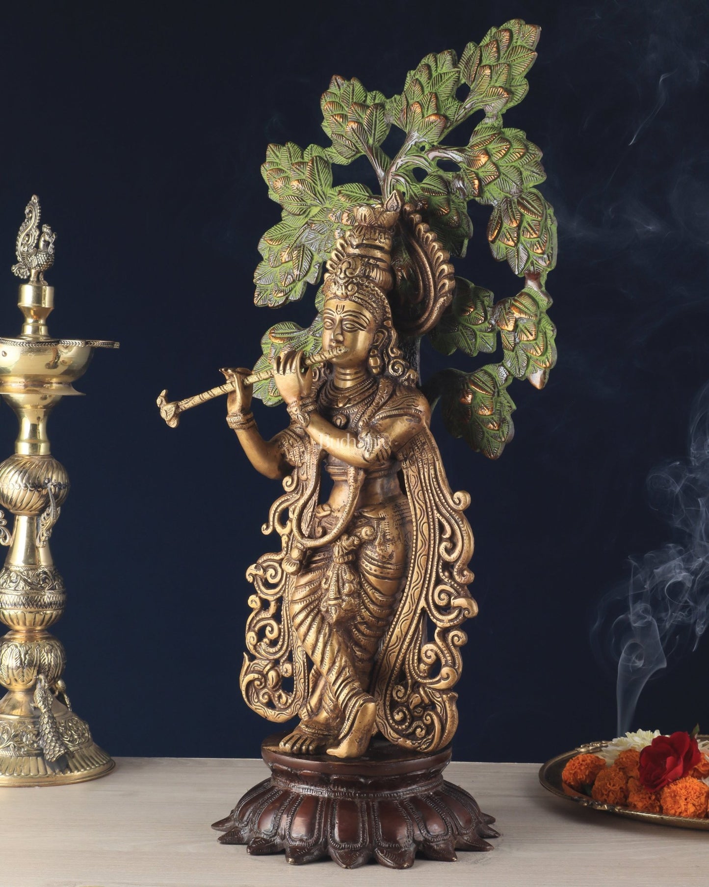 Unique Brass Lord Krishna with Kalpavriksha Tree Statue – 23" Tall, 12 kg - Budhshiv.com