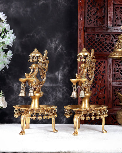 Unique Brass Peacock Lamp with Multiple Diyas, Ghungroos & Bells – Handcrafted Temple Deepam 14 inch pair - Budhshiv.com