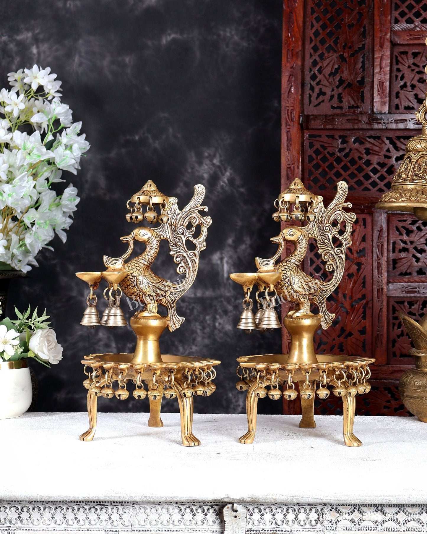 Unique Brass Peacock Lamp with Multiple Diyas, Ghungroos & Bells – Handcrafted Temple Deepam 14 inch pair - Budhshiv.com