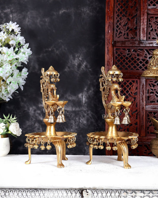 Unique Brass Peacock Lamp with Multiple Diyas, Ghungroos & Bells – Handcrafted Temple Deepam 14 inch pair - Budhshiv.com