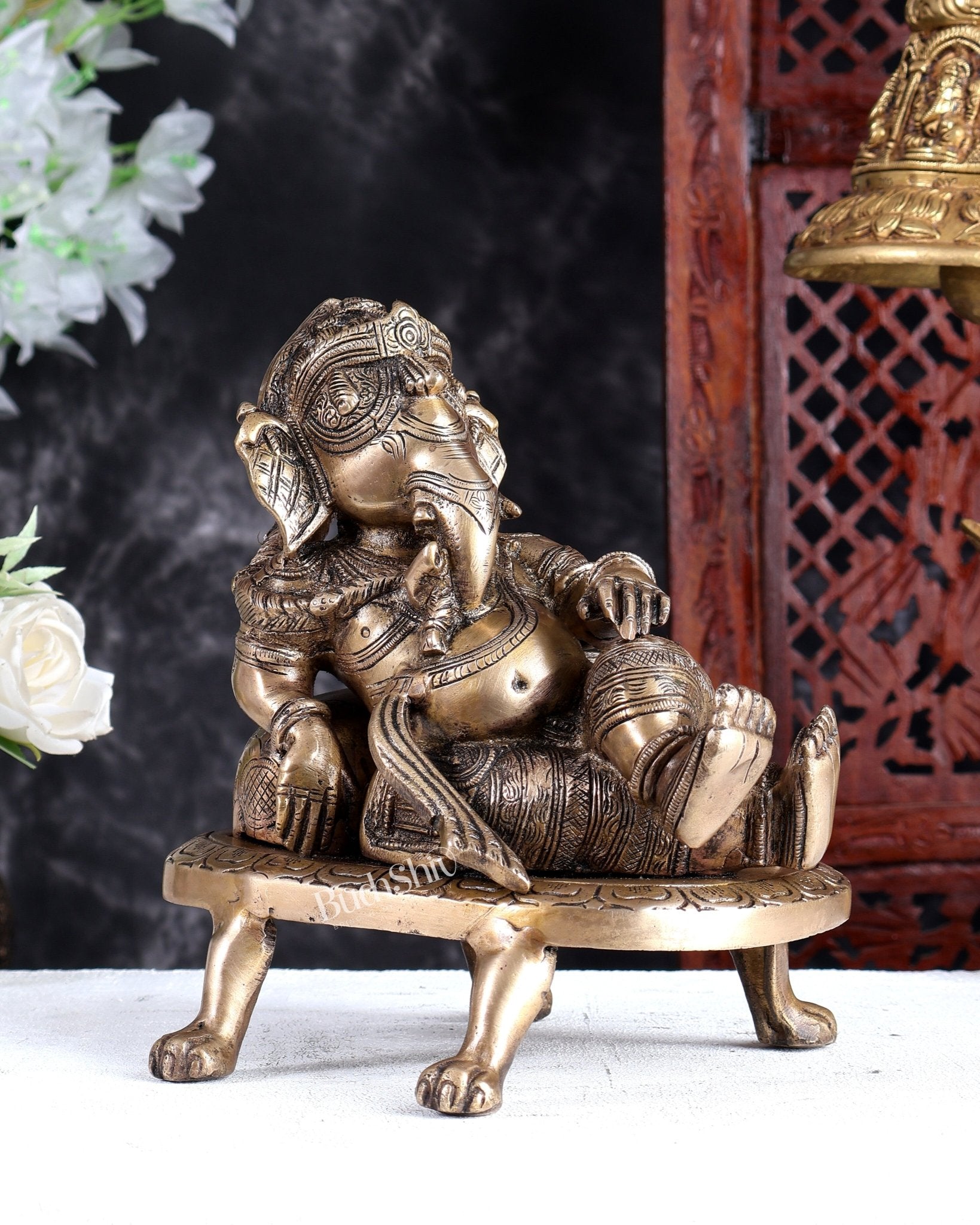 Unique Brass Resting Ganesha with Long Braided Hair – Handcrafted Masterpiece - Budhshiv.com