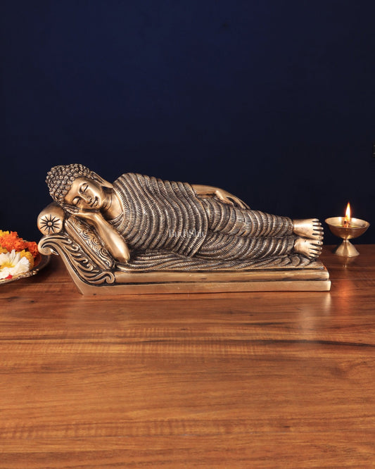 Unique Brass Sleeping Buddha Statue – 7" x 16.5" x 5" | Auspicious & Calming Decor - Budhshiv.com