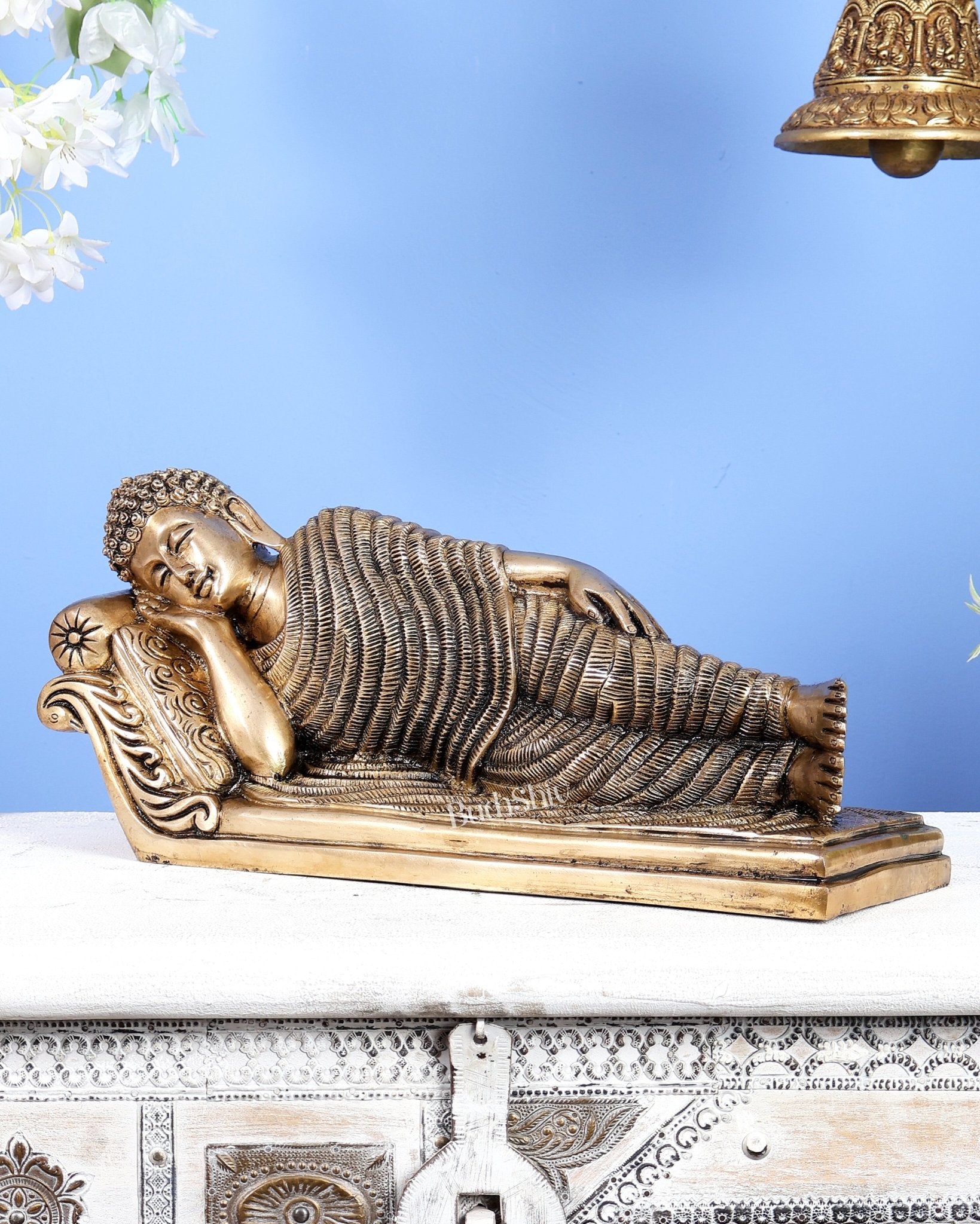 Unique Brass Sleeping Buddha Statue – 7" x 16.5" x 5" | Auspicious & Calming Decor - Budhshiv.com