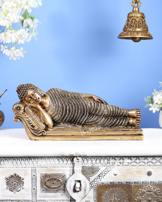 Unique Brass Sleeping Buddha Statue – 7" x 16.5" x 5" | Auspicious & Calming Decor - Budhshiv.com