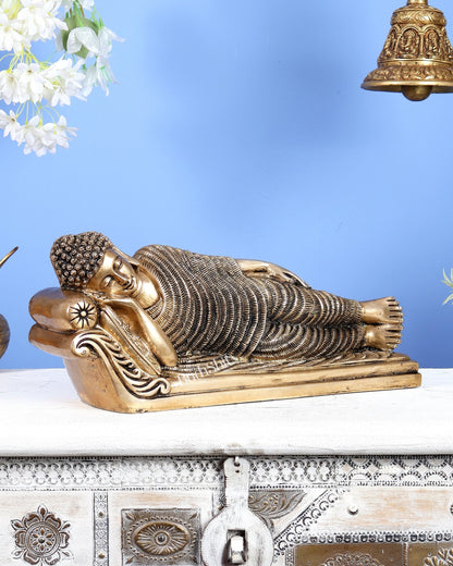 Unique Brass Sleeping Buddha Statue – 7" x 16.5" x 5" | Auspicious & Calming Decor - Budhshiv.com