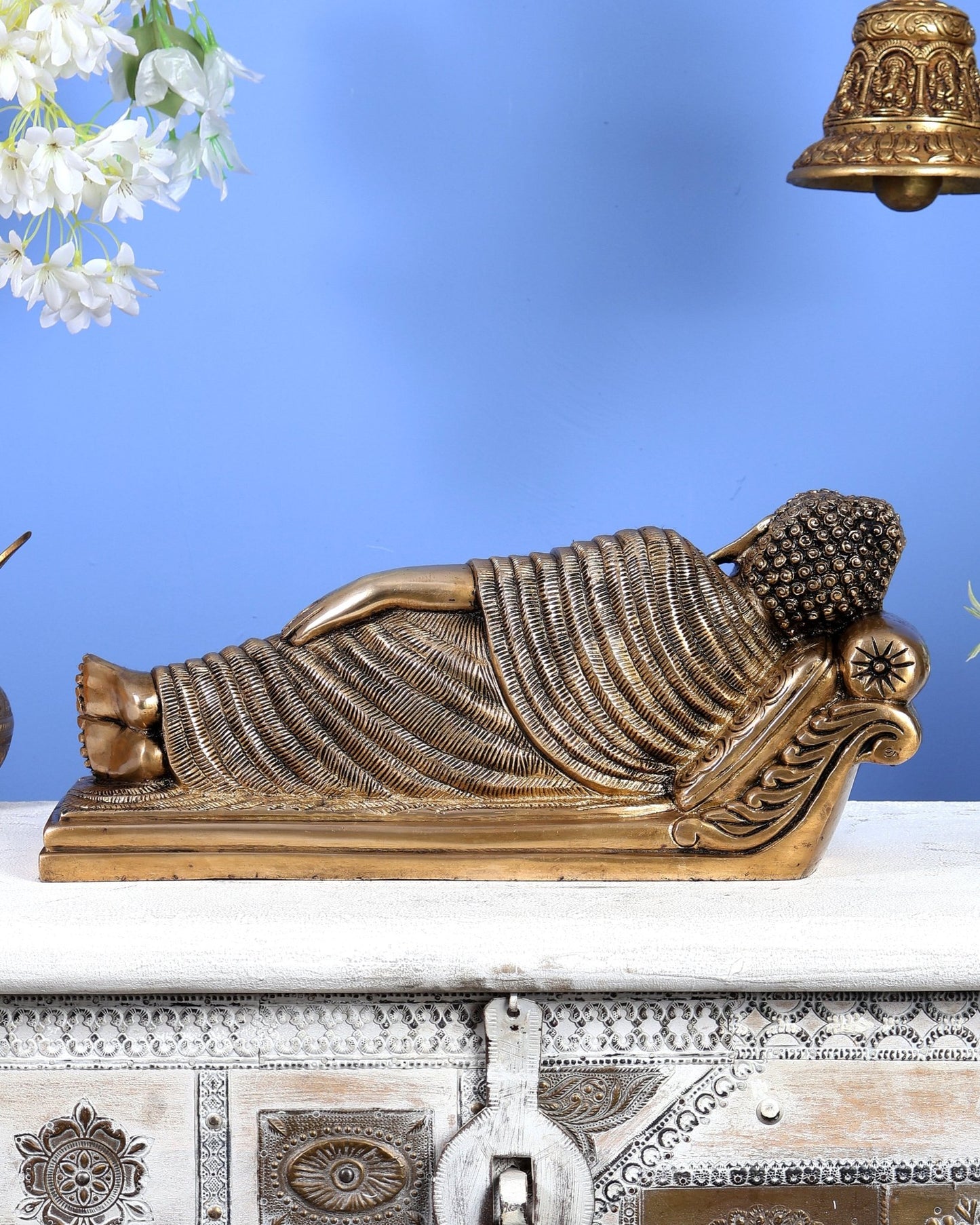 Unique Brass Sleeping Buddha Statue – 7" x 16.5" x 5" | Auspicious & Calming Decor - Budhshiv.com