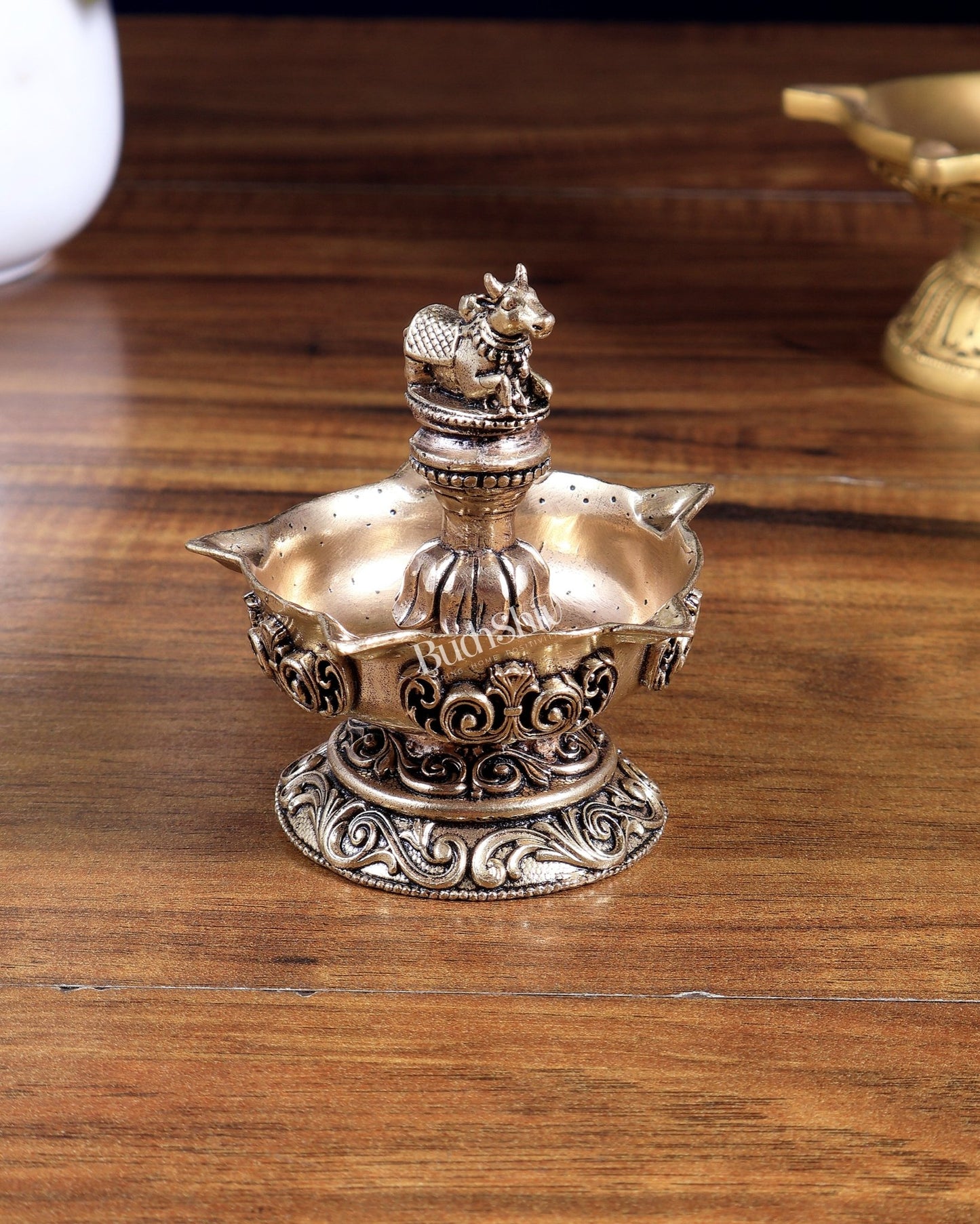 Unique Brass Superfine Nandi Design Diya – Sacred Devotional Lamp 3" - Budhshiv.com
