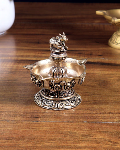 Unique Brass Superfine Nandi Design Diya – Sacred Devotional Lamp 3" - Budhshiv.com