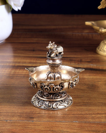 Unique Brass Superfine Nandi Design Diya – Sacred Devotional Lamp 3" - Budhshiv.com