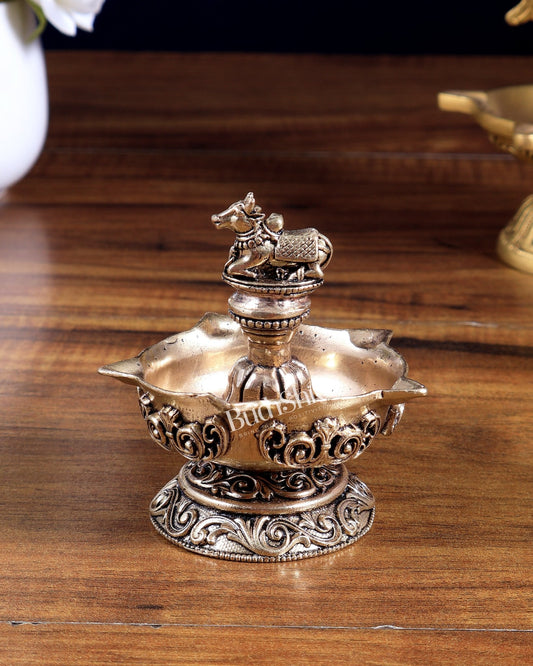 Unique Brass Superfine Nandi Design Diya – Sacred Devotional Lamp 3" - Budhshiv.com