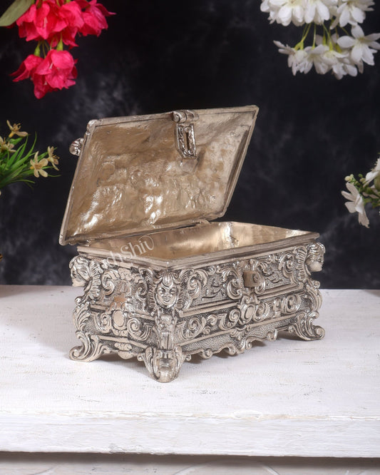 Unique Brass Victorian Multipurpose Jewellery Box – Vintage Style 7.5" Silver plated - Budhshiv.com