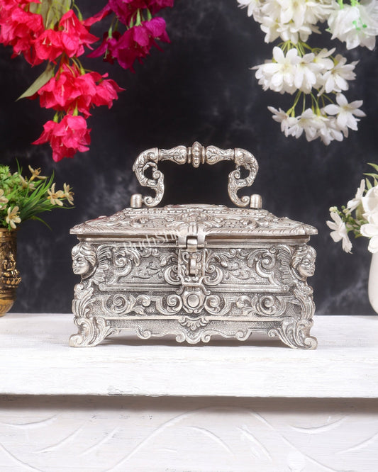 Unique Brass Victorian Multipurpose Jewellery Box – Vintage Style 7.5" Silver plated - Budhshiv.com
