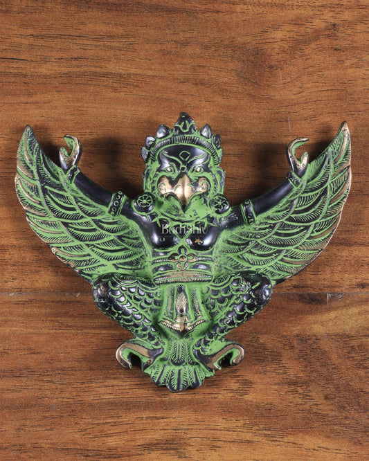 Unique Brass Wall Hanging Flying Garuda Idol 5" black and green - Budhshiv.com