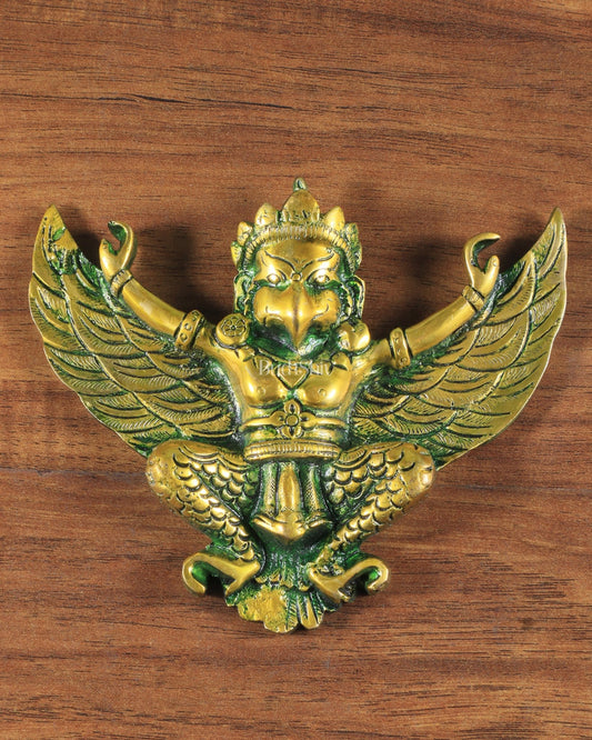 Unique Brass Wall Hanging Flying Garuda Idol 5" Green effect - Budhshiv.com