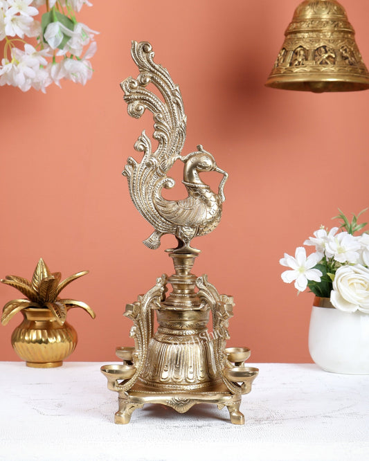 Unique Bronze Annam Pakshi Design Diya Lamp Samai – Traditional South Indian Oil Lamp (13.5 Inches) - Budhshiv.com