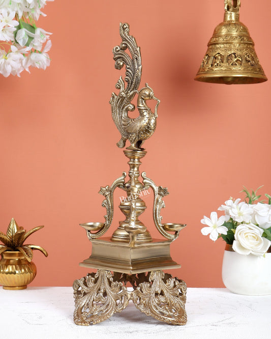 Unique Bronze Annam Pakshi Design Diya Lamp Samai – Traditional South Indian Oil Lamp (17.5 Inches) - Budhshiv.com