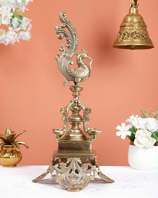 Unique Bronze Annam Pakshi Design Diya Lamp Samai – Traditional South Indian Oil Lamp (17.5 Inches) - Budhshiv.com