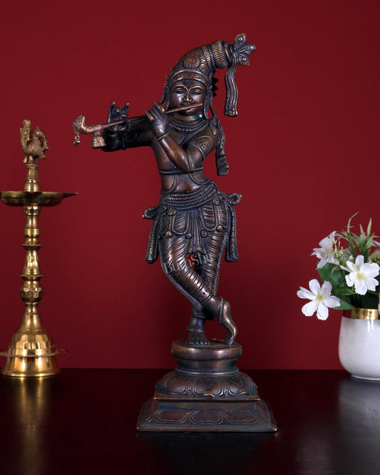 Unique Krishna Brass Statue with Slanted Crown – Dark Chocolate Finish 14.5 inch - Budhshiv.com