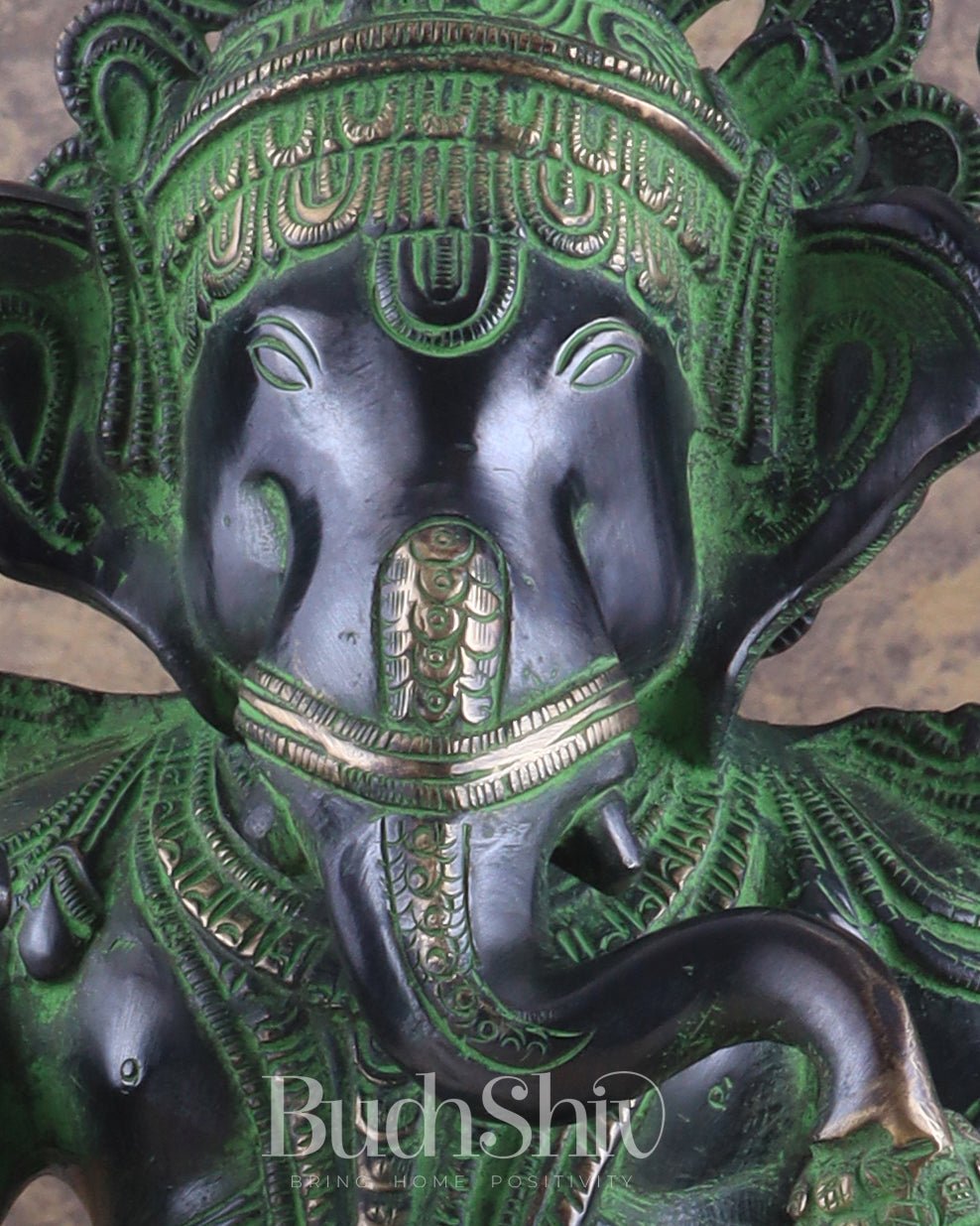 Unique Pure Brass Lord Ganesha Idol with Black and Green Patina Finish 7.5" - Budhshiv.com