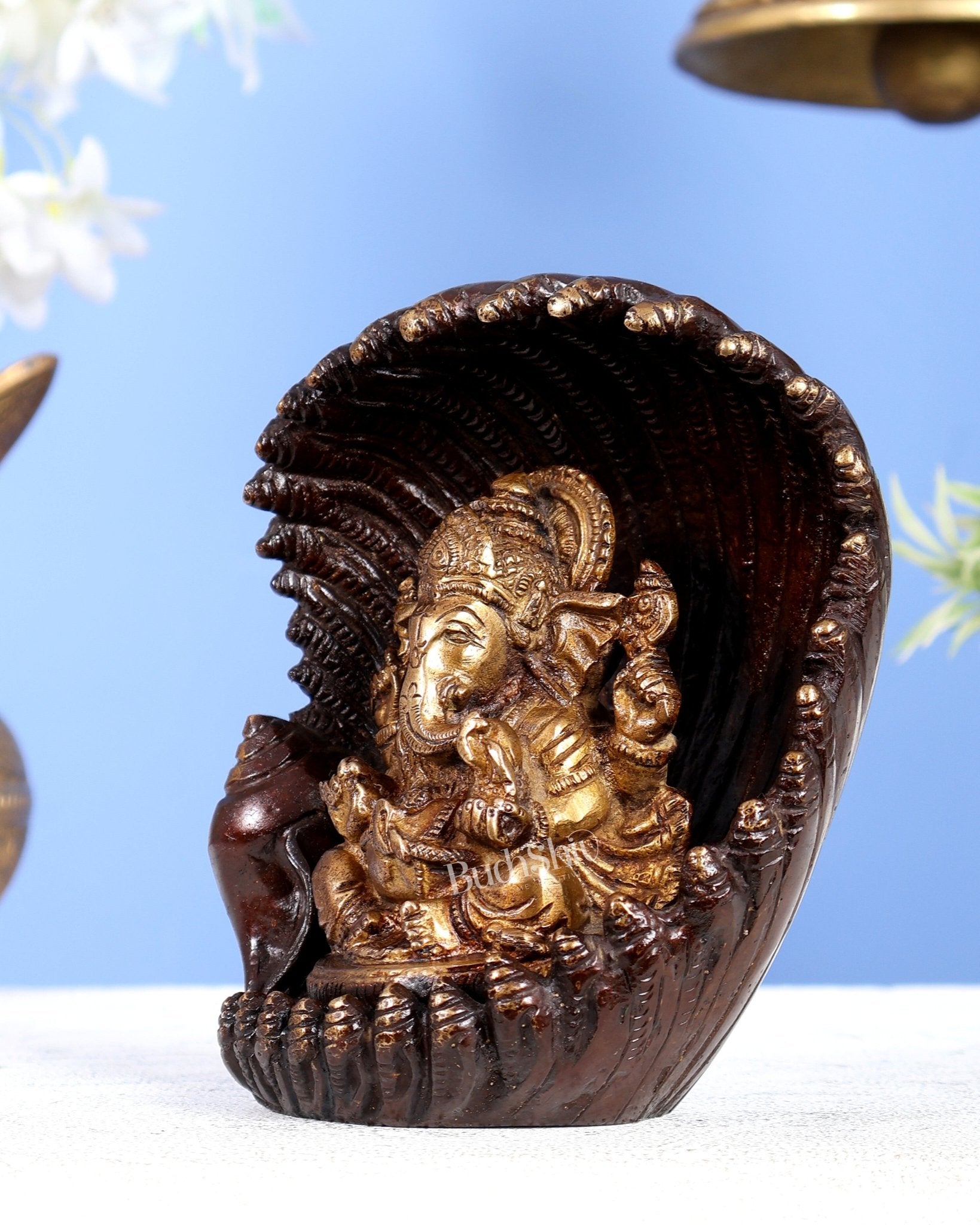 Unique Pure Brass Lord Ganesha in Pearl shankh Conch Shell – 5.5” (14 cm) - Budhshiv.com