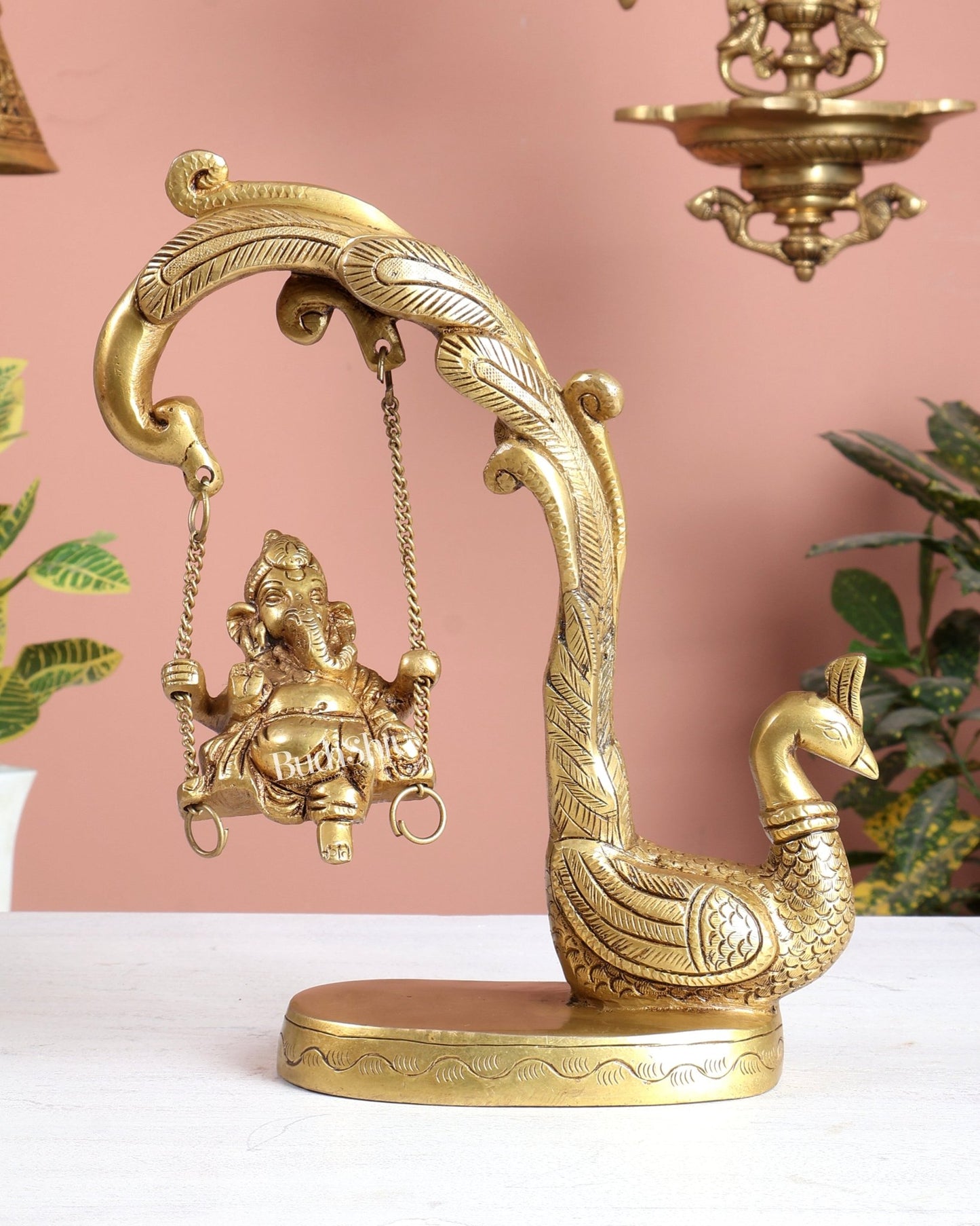 Unique Pure Brass Lord Ganesha on a Peacock Swing Idol - Budhshiv.com
