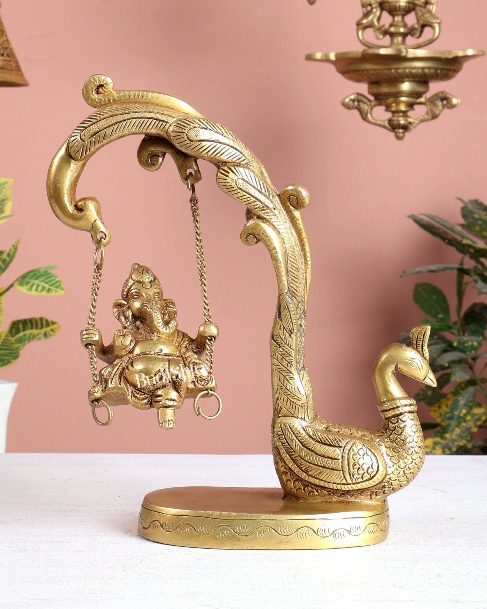 Unique Pure Brass Lord Ganesha on a Peacock Swing Idol - Budhshiv.com