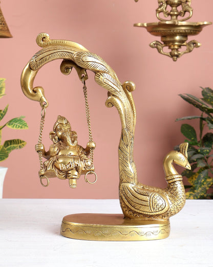 Unique Pure Brass Lord Ganesha on a Peacock Swing Idol - Budhshiv.com
