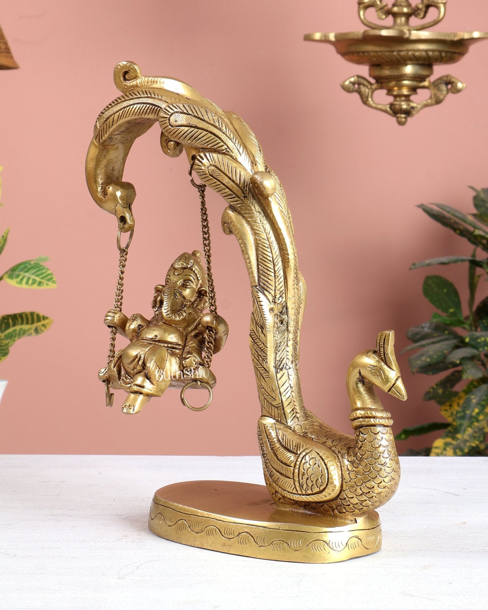 Unique Pure Brass Lord Ganesha on a Peacock Swing Idol - Budhshiv.com