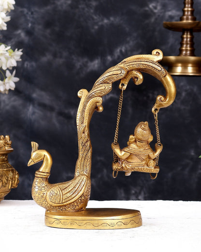 Unique Pure Brass Lord Ganesha on a Peacock Swing Idol - Budhshiv.com