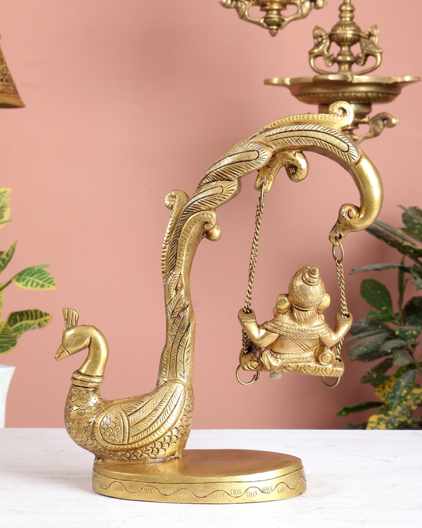 Unique Pure Brass Lord Ganesha on a Peacock Swing Idol - Budhshiv.com