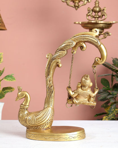 Unique Pure Brass Lord Ganesha on a Peacock Swing Idol - Budhshiv.com