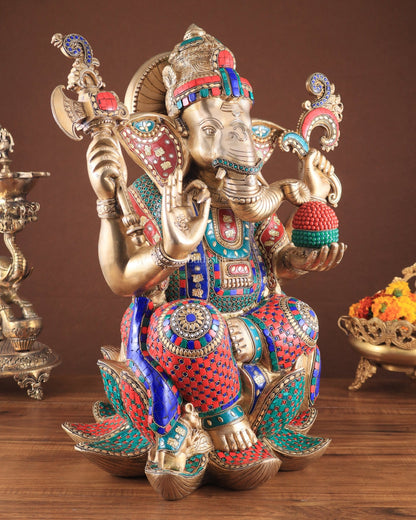 Unique Pure Brass Lord Ganesha Statue - Seated on Lotus, 22" with stonework - Budhshiv.com