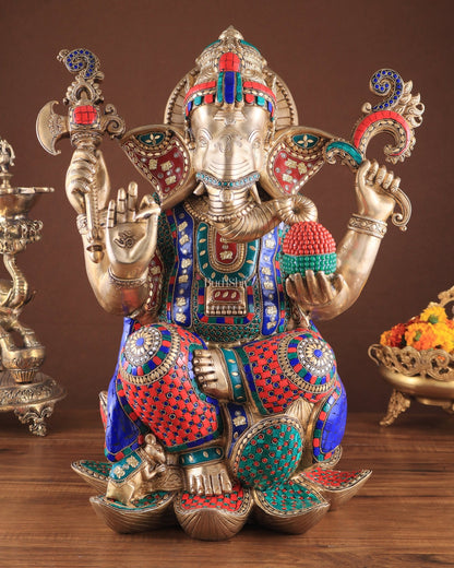 Unique Pure Brass Lord Ganesha Statue - Seated on Lotus, 22" with stonework - Budhshiv.com