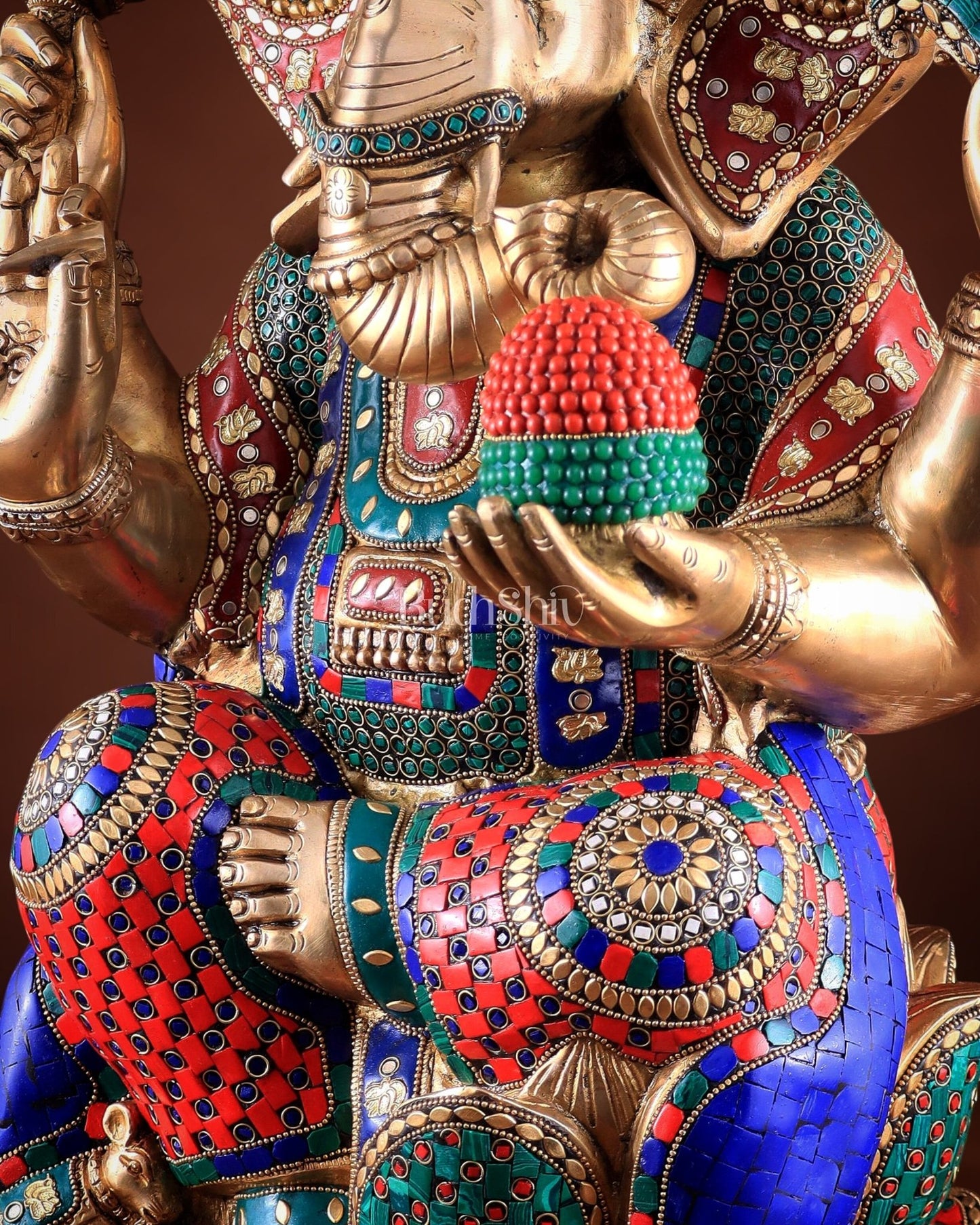 Unique Pure Brass Lord Ganesha Statue - Seated on Lotus, 22" with stonework - Budhshiv.com