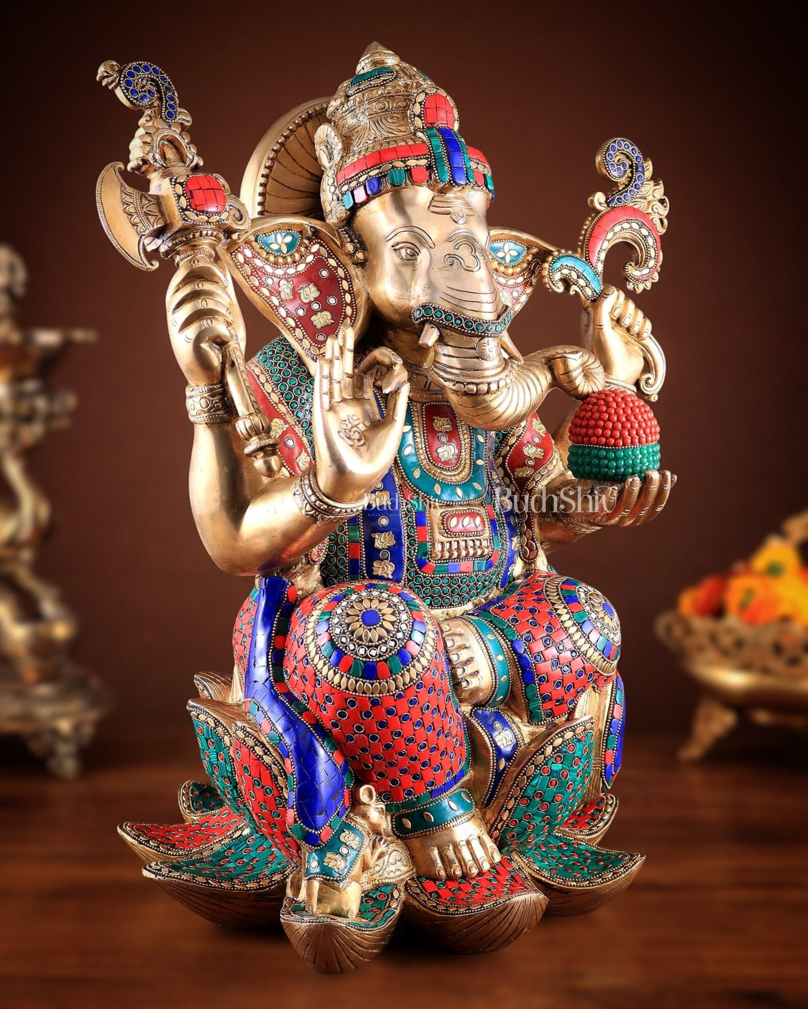 Unique Pure Brass Lord Ganesha Statue - Seated on Lotus, 22" with stonework - Budhshiv.com