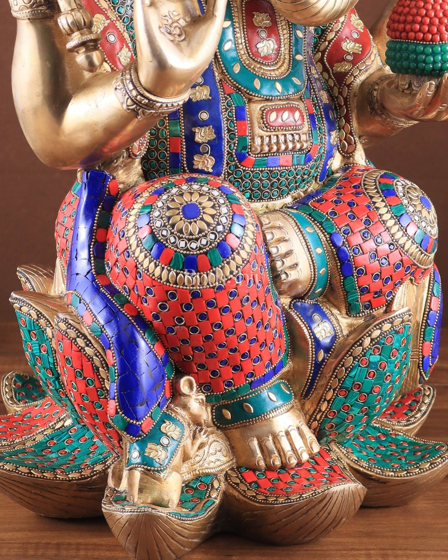 Unique Pure Brass Lord Ganesha Statue - Seated on Lotus, 22" with stonework - Budhshiv.com