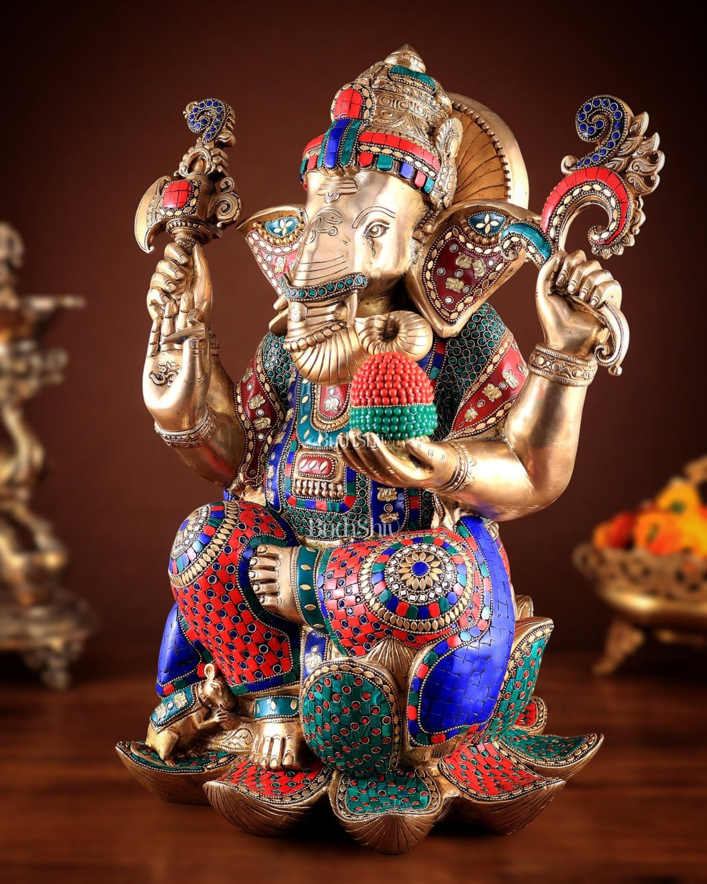 Unique Pure Brass Lord Ganesha Statue - Seated on Lotus, 22" with stonework - Budhshiv.com